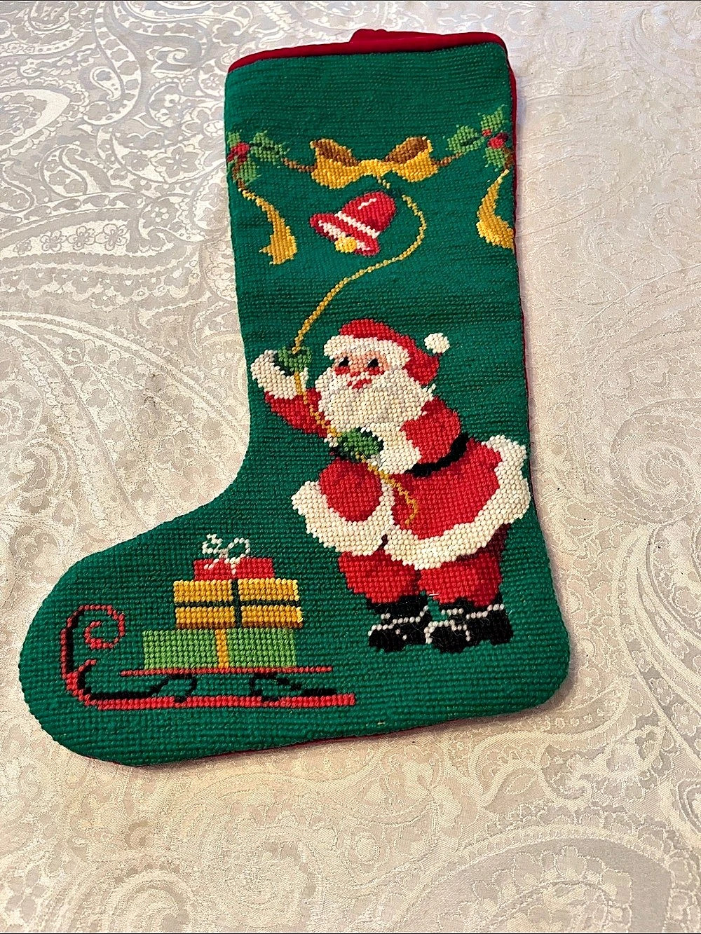 Vintage Needlepoint Santa Christmas Stocking Green & Red